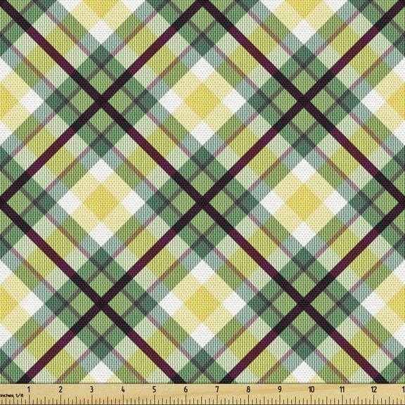 Ambesonne Tartan Fabric by the Yard Upholstery, Classic Squares and Stripes, 10 Yards, Green Dark Maroon