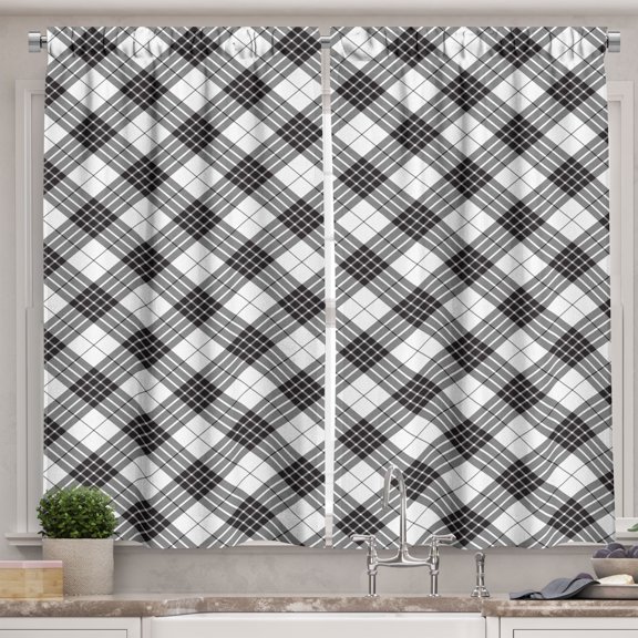 Ambesonne Tartan Kitchen Curtains, Checkered Stripes Classic, 55"x36", Black White
