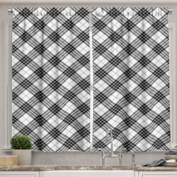 Ambesonne Tartan Kitchen Curtains, Checkered Stripes Classic, 55"x45", Black White
