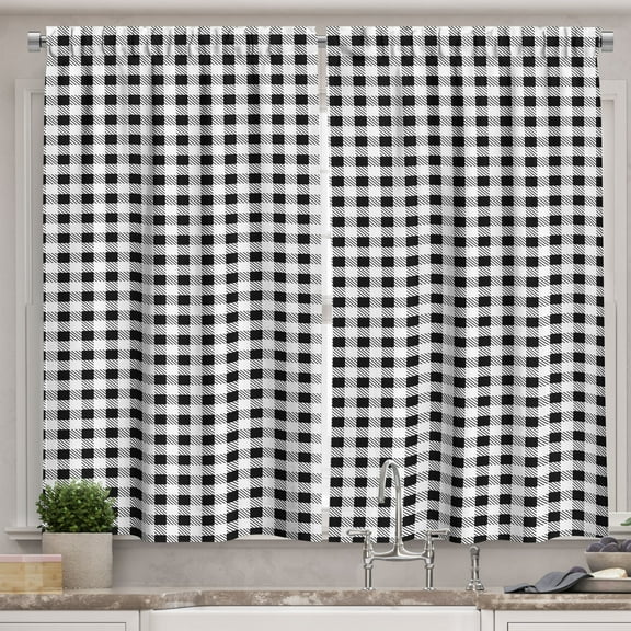 Ambesonne Tartan Kitchen Curtains, Monochrome Checkered Motifs, 55"x24", White and Black