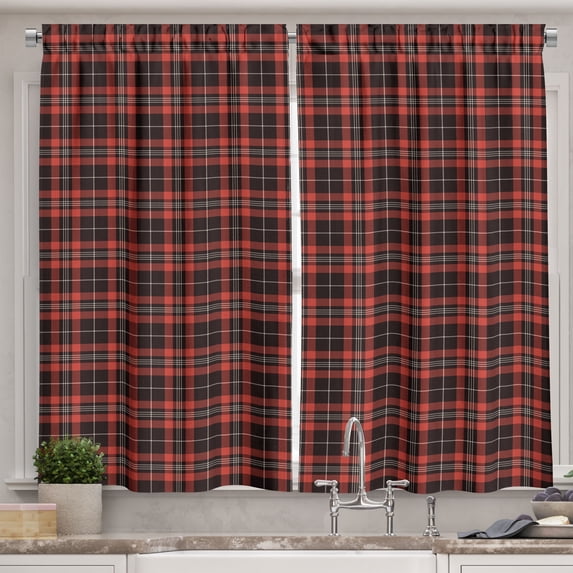 Ambesonne Tartan Kitchen Curtains, Plaid Composition Abstract, 55"x39", Vermilion Maroon