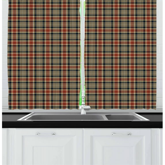 Ambesonne Tartan Kitchen Curtains, Squares and Diagonal Lines, 55"x39", Pale Brown Dark Blue