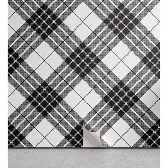 Ambesonne Tartan Peel & Stick Wallpaper for Home, Checkered Stripes Classic, 13"x36", Black White