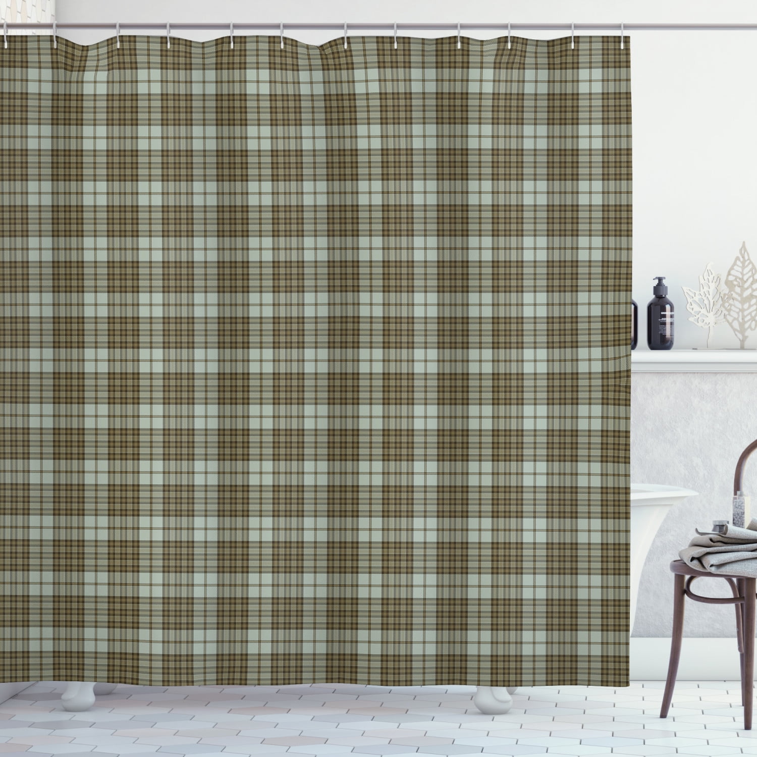 Pale Chocolate and Mustard Plaid Fabric Shower Curtain