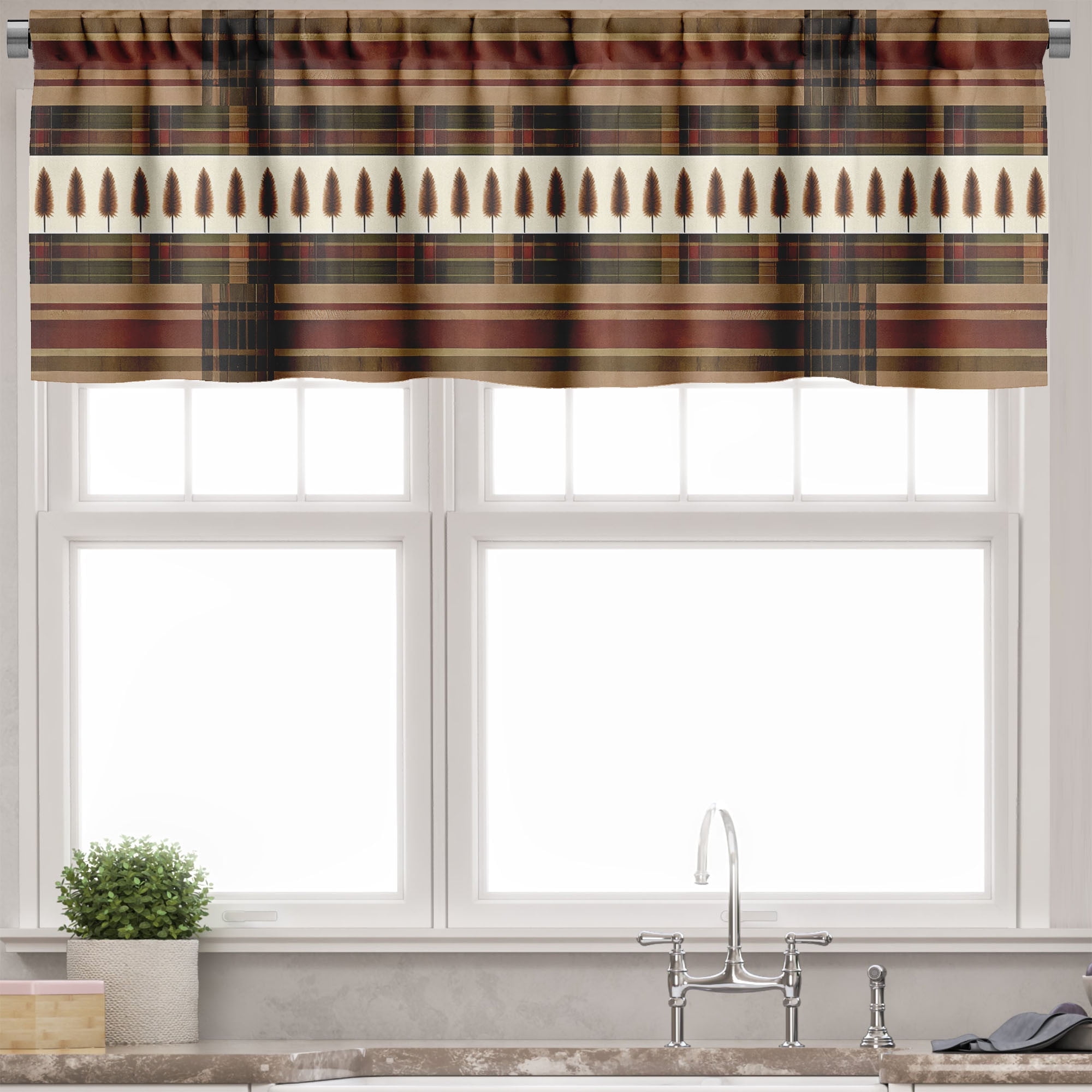 Sepia Maroon Olive Green Striped Satin Rod Pocket Valance
