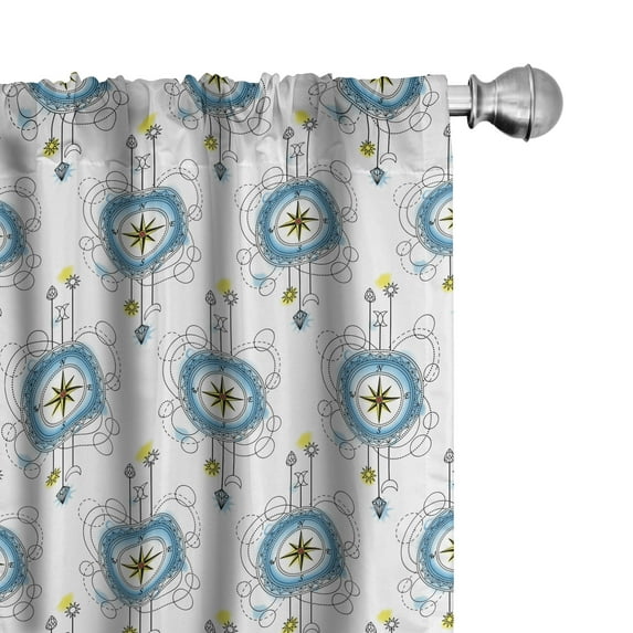 Ambesonne Tattoo Window Curtains, Aquarelle Compass Travel, Each 28" W x 63" L, Blue Black Yellow