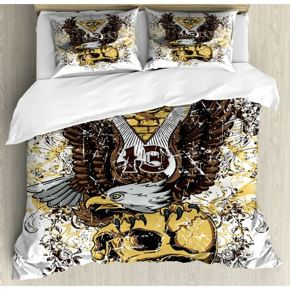 Ambesonne Tattoo Duvet Cover Sets, American Eagle on Skull, 2-King, Brown and White