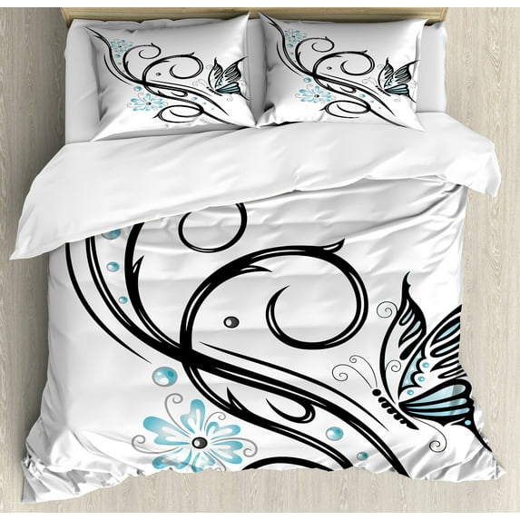 Ambesonne Tattoo Duvet Cover Sets, Butterfflies and Leaves, 2-King, Blue Black and White