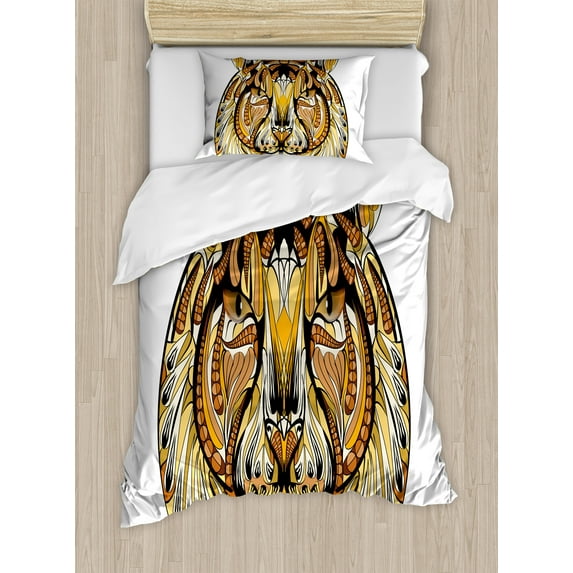 Ambesonne Tattoo Duvet Cover Sets, Lion, 2-Twin, Yellow Brown and White