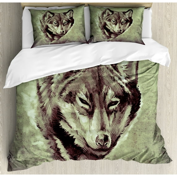 Ambesonne Tattoo Duvet Cover Sets, Winter Wild Wolf Forest, 2-King, White and Black