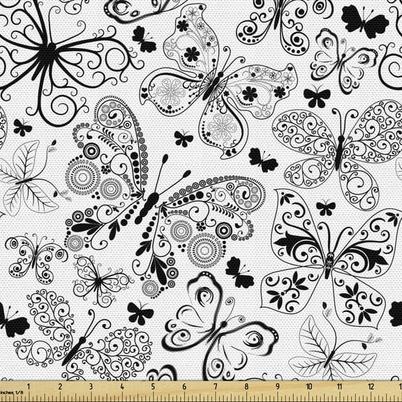 Ambesonne Tattoo Fabric by the Yard Upholstery, Floral Butterflies Art, 5 Yards, Black White
