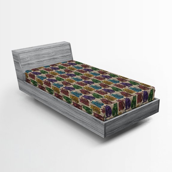 Ambesonne Tattoo Fitted Sheet 2 Pcs Set, Colorful Cats, Twin, Multicolor