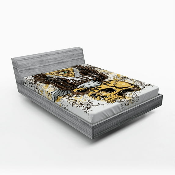 Ambesonne Tattoo Fitted Sheet, American Eagle on Skull, Full Size, Brown and White