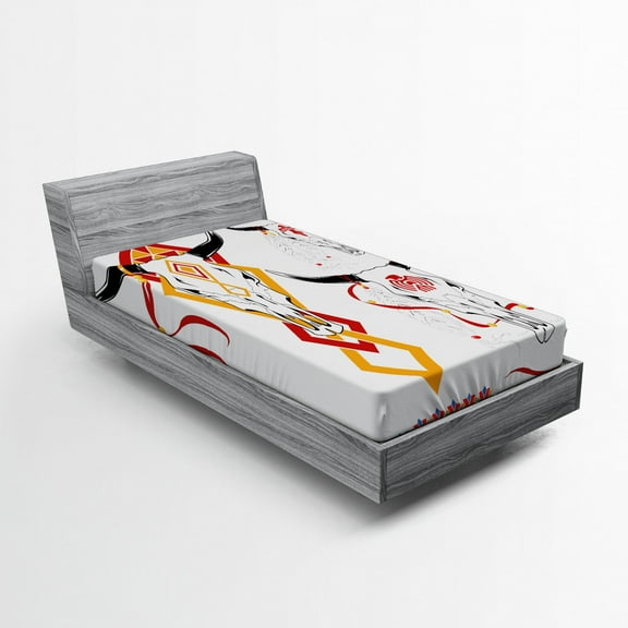 Ambesonne Tattoo Fitted Sheet, Bulls Head with Feather, Twin Size, Red Yellow and White