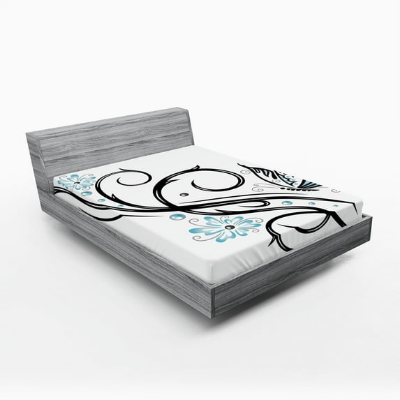 Ambesonne Tattoo Fitted Sheet, Butterfflies and Leaves, Queen Size, Blue Black and White