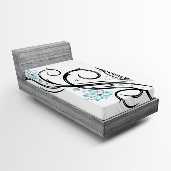 Ambesonne Tattoo Fitted Sheet, Butterfflies and Leaves, Twin Size, Blue Black and White
