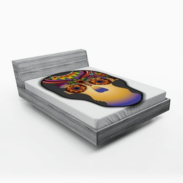 Ambesonne Tattoo Fitted Sheet, Colored Flower Skull, Queen Size, Multicolor