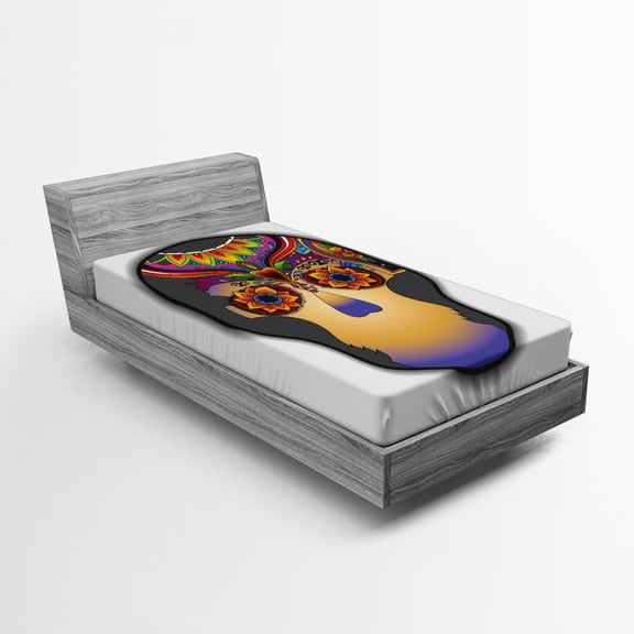 Ambesonne Tattoo Fitted Sheet, Colored Flower Skull, Twin XL Size, Multicolor