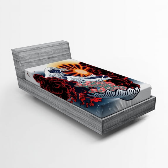 Ambesonne Tattoo Fitted Sheet, Japanese Style Waves, Twin XL Size, Multicolor