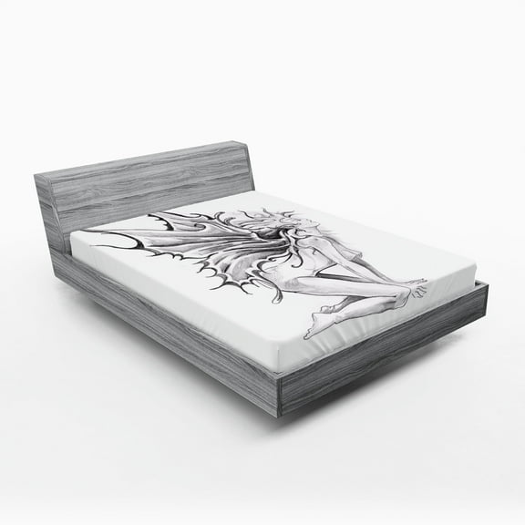 Ambesonne Tattoo Fitted Sheet, Pencil Drawn Character Wings, Queen Size, White and Black