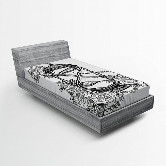 Ambesonne Tattoo Fitted Sheet, Sketch Style Hourglass, Twin Size, Black and White
