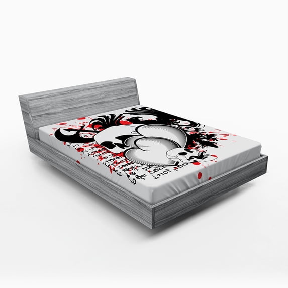 Ambesonne Tattoo Fitted Sheet, Skull Eagle Love Hearts, Full Size, Black White and Red