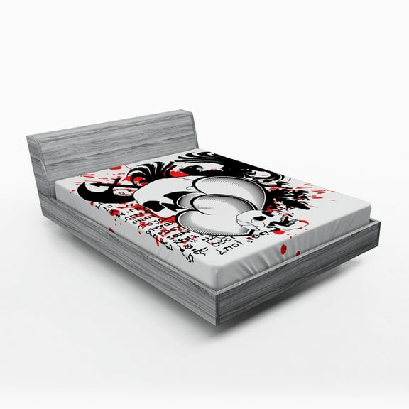 Ambesonne Tattoo Fitted Sheet, Skull Eagle Love Hearts, Queen Size, Black White and Red