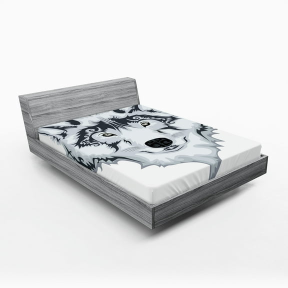 Ambesonne Tattoo Fitted Sheet, Tibal Wild Wolf Tattoo, Queen Size, White and Black
