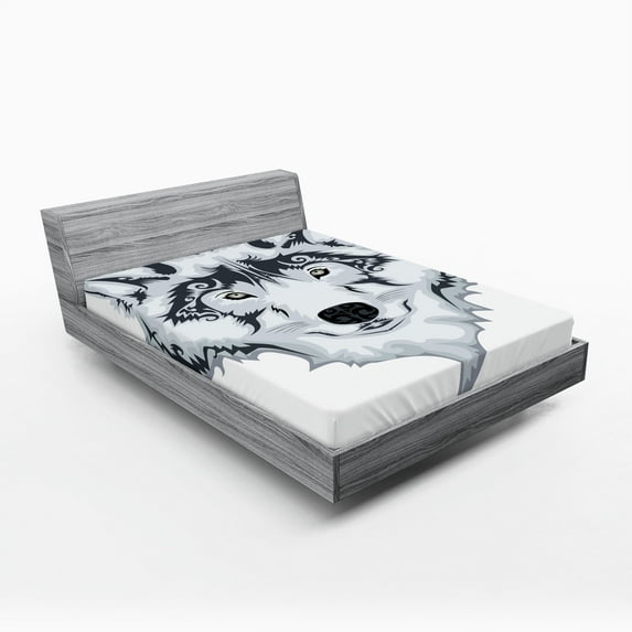 Ambesonne Tattoo Fitted Sheet, Tibal Wild Wolf Tattoo, Queen Size, White and Black