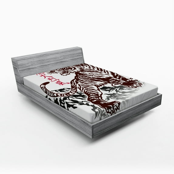 Ambesonne Tattoo Fitted Sheet, Wild Chinese Tiger, Queen Size, Brown White