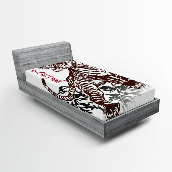 Ambesonne Tattoo Fitted Sheet, Wild Chinese Tiger, Twin XL Size, Brown White