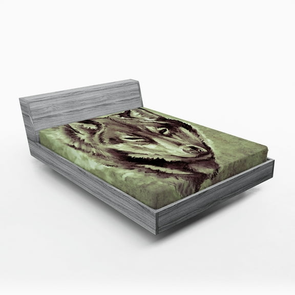 Ambesonne Tattoo Fitted Sheet, Winter Wild Wolf Forest, California King, White and Black