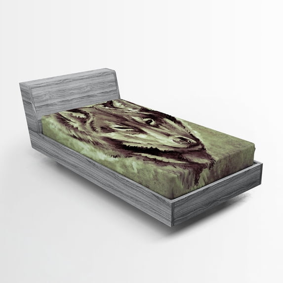 Ambesonne Tattoo Fitted Sheet, Winter Wild Wolf Forest, Twin Size, White and Black