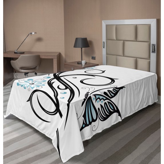 Ambesonne Tattoo Flat Sheet, Butterfflies and Leaves, Twin Size, Blue Black and White