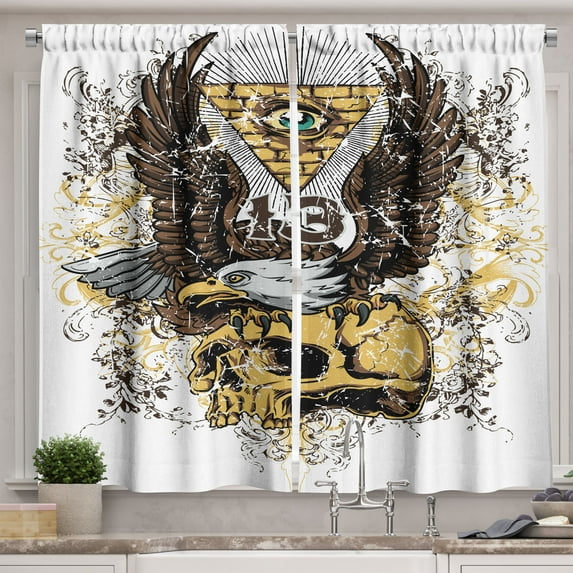 Ambesonne Tattoo Kitchen Curtains, American Eagle on Skull, 55"x45", Brown and White