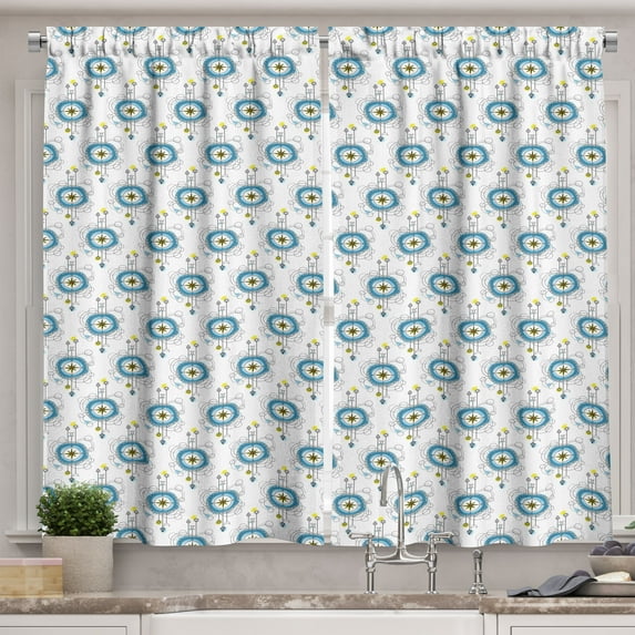 Ambesonne Tattoo Kitchen Curtains, Aquarelle Compass Travel, 55"x39", Blue Black Yellow