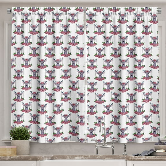 Ambesonne Tattoo Kitchen Curtains, Deer Accessories Peonies, 55"x45", Mauve Coral Green
