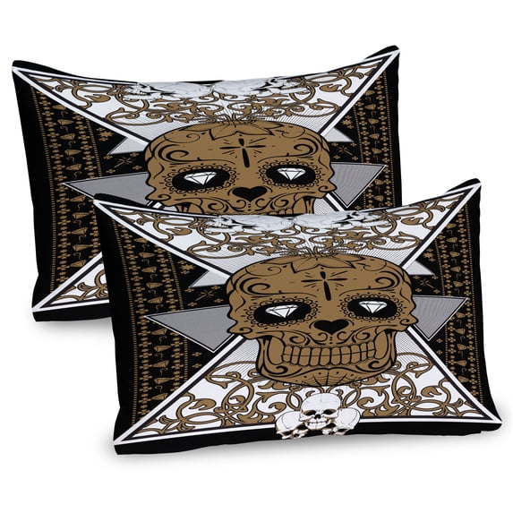 Ambesonne Tattoo Pillow Sham 2 Pack, Skull and Flowers Tattoo, 30"x20", Brown and Black