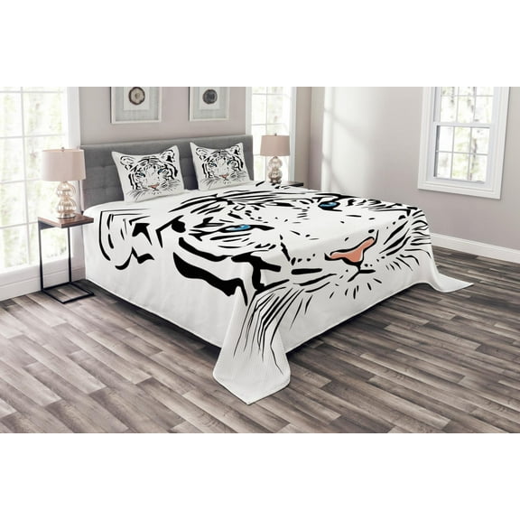 Ambesonne Tattoo Quilted Bedspread Set 3 Pcs, Tiger Ocean Blue Eyes, Queen Size, White Black and Blue