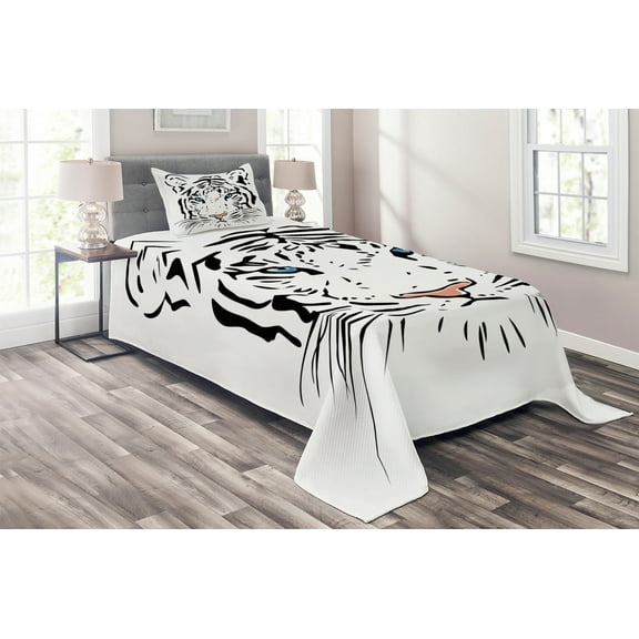 Ambesonne Tattoo Quilted Coverlet 2 Pcs, Tiger Ocean Blue Eyes, Twin Size, White Black and Blue