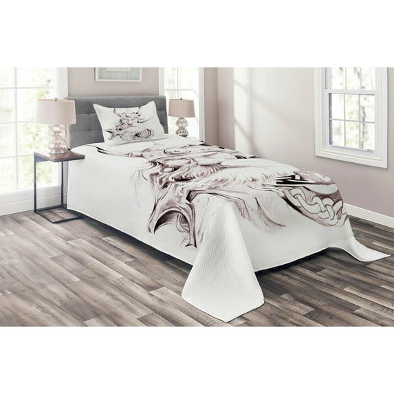 Ambesonne Tattoo Quilted Coverlet 2 Pcs, Wise Old Viking Warrior, Twin Size, Dried Rose White