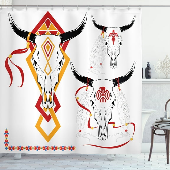 Ambesonne Tattoo Shower Curtain, Bulls Head with Feather, 69"Wx84"L, Red Yellow and White