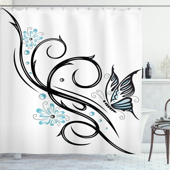 Ambesonne Tattoo Shower Curtain, Butterfflies and Leaves, 69"Wx75"L, Blue Black and White