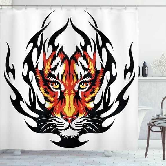 Ambesonne Tattoo Shower Curtain, Jungle Tigers Prince, 69"Wx70"L, Orange and Black