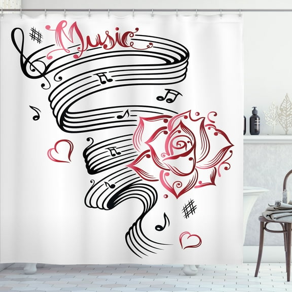 Ambesonne Tattoo Shower Curtain, Language of Love Music, 69"Wx70"L, White Black and Pink