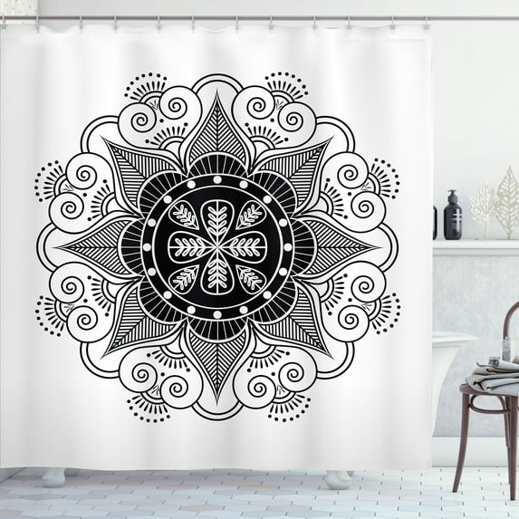 Ambesonne Tattoo Shower Curtain, Mandala Floral Folk Motif, 69"Wx84"L, Charcoal Grey and White