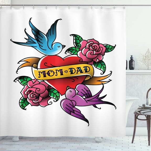 Ambesonne Tattoo Shower Curtain, Mom and Dad Heart Swallows, 69"Wx75"L, Multicolor
