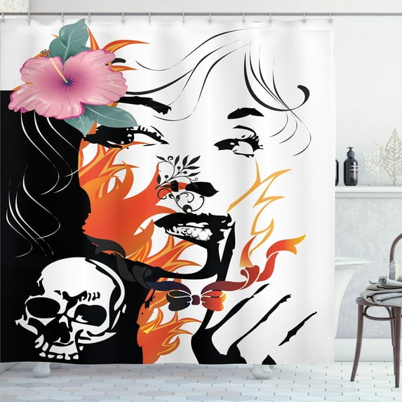 Ambesonne Tattoo Shower Curtain, Pink Flower and Skull, 69"Wx70"L, Orange White
