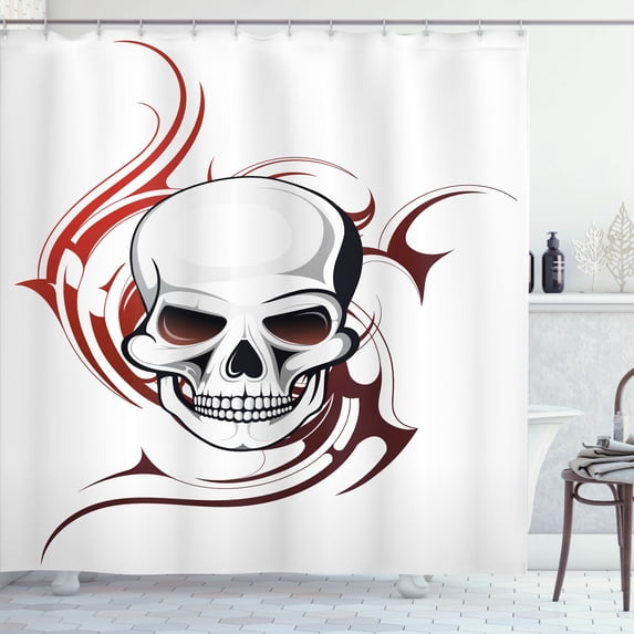 Ambesonne Tattoo Shower Curtain, Scary Wild Skull Tribal, 69"Wx75"L, White and Red