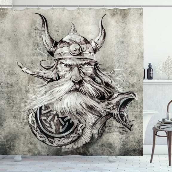 Ambesonne Tattoo Shower Curtain, Sketchy Viking Warrior, 69"Wx70"L, Grey and White